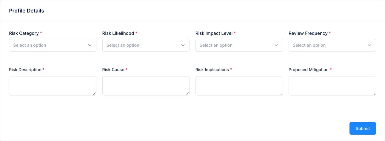 The form for adding a suggested risk: the Risk Category, Risk Likelihood, Risk Impact Level and Review Frequency lists in a row, the Risk Description, Risk Cause, Risk Implications and Proposed Mitigation boxes below, and the Submit button