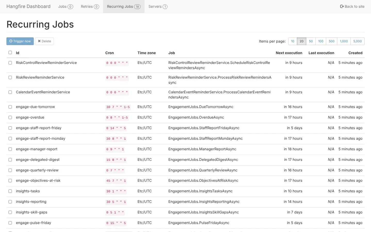 The Recurring Jobs list of the scheduled jobs screen: each job's name, its schedule and time zone, and when it runs next and last ran, with the Trigger now button above the list