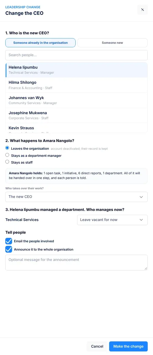The Change the CEO panel: the choice between someone already in the organisation and someone new, what happens to the current CEO, who takes over their work, and the Tell people options above the Make the change button