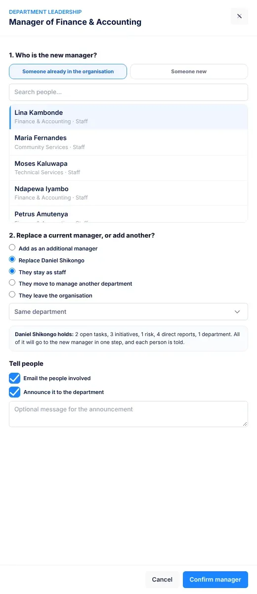 The Manager of … panel for one department: who the new manager is, the choice to replace the current manager or add another, and what happens to the manager being replaced