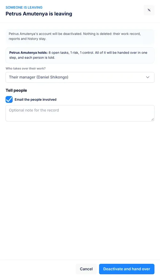 The … is leaving panel: the notice that nothing is deleted, what the person holds, the Who takes over their work? list, and the Deactivate and hand over button