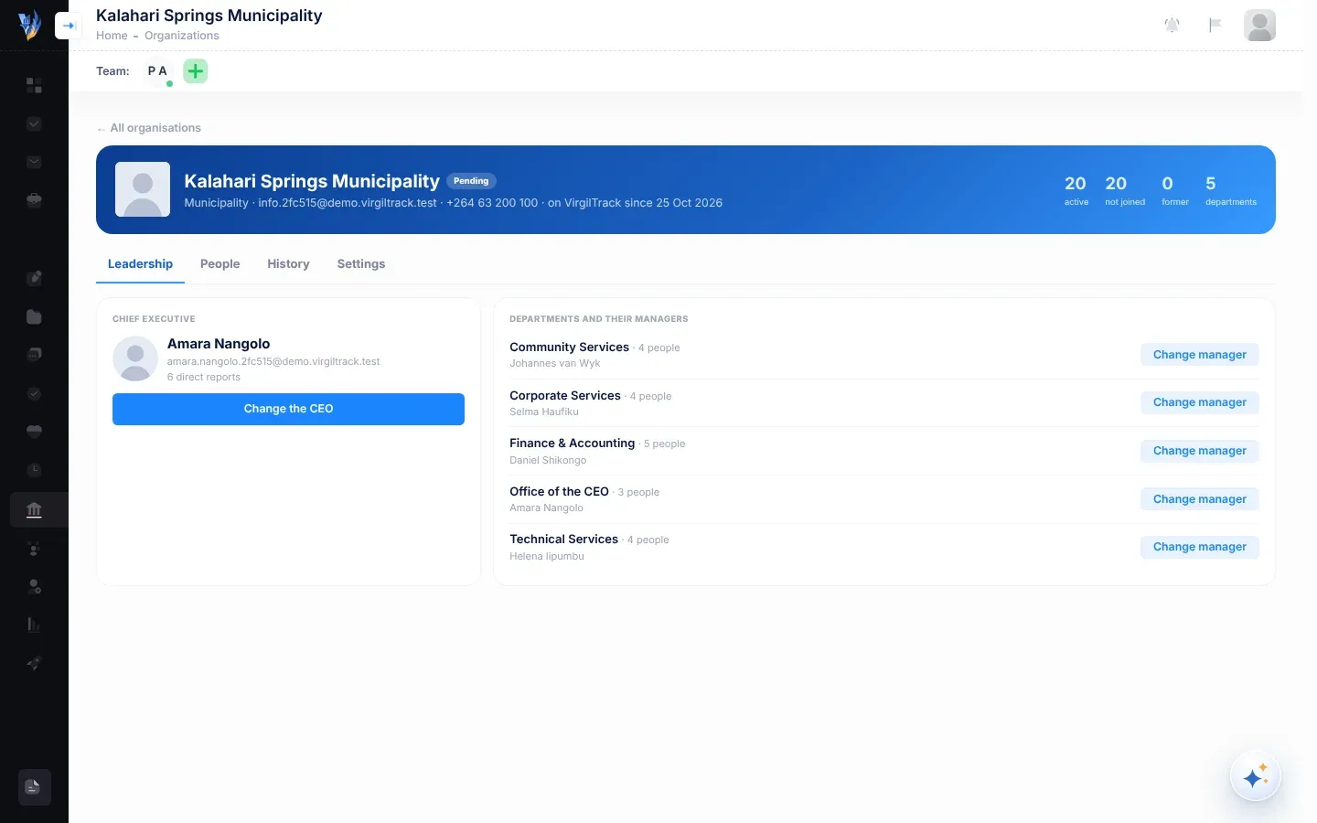 An organisation's page on the Leadership tab: the Chief executive card with the Change the CEO button, and the list of departments with each one's managers and its Change manager button
