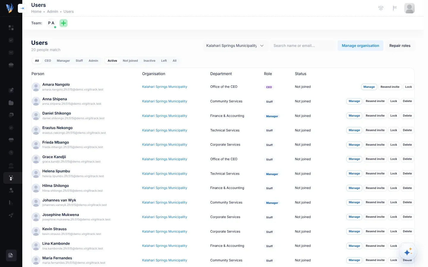 The Users page with one organisation chosen: the organisation list, the search box, the Manage organisation and Repair roles buttons, the role and status filters, and each person's organisation, department, role, status and action buttons