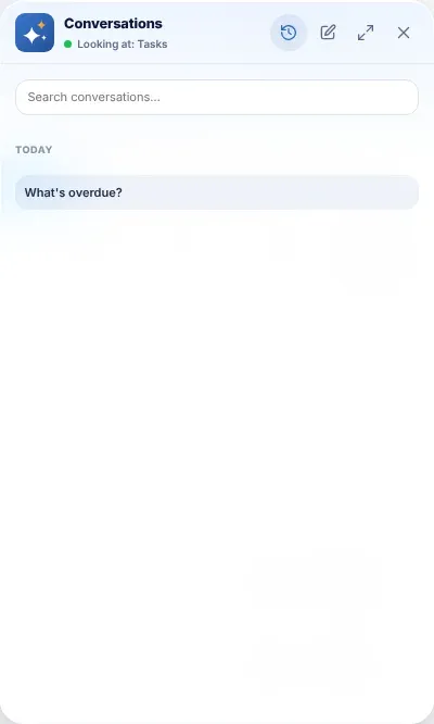 The Virgil Copilot panel in its Conversations view: the heading Conversations at the top, the Search conversations box, and a saved conversation listed under Today