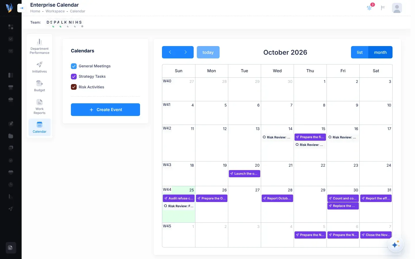 The calendar in the month view: the Calendars card on the left with the General Meetings, Strategy Tasks and Risk Activities tick boxes and the Create Event button, and the month on the right, with coloured items on their days