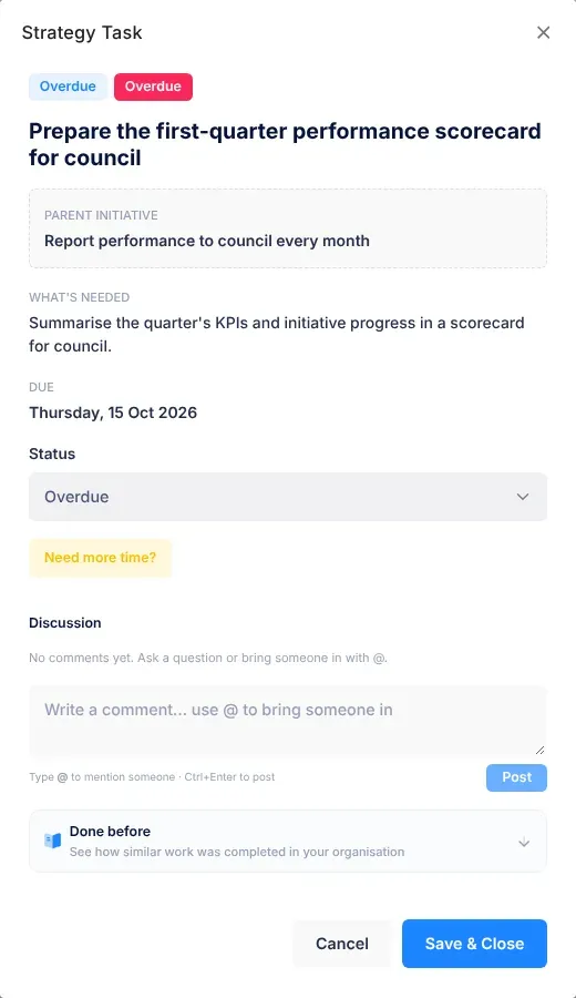 The Strategy Task panel on the right of the calendar: the status badge, the task's title, Parent initiative, What's needed, Due, the Status list, the Need more time? button and Discussion