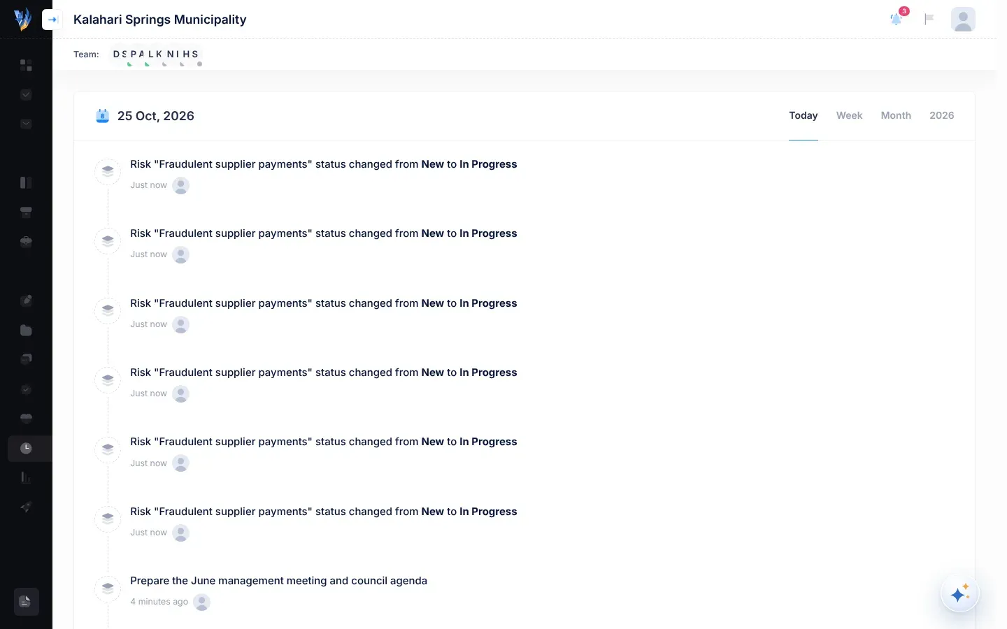 The Activity page, with today's date at the top left, the Today, Week, Month and year tabs at the top right, and a timeline of entries, such as a risk status change with the old and new status in bold, each with how long ago it happened