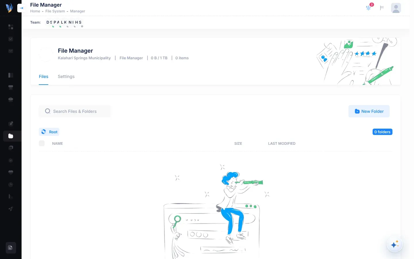 The File Manager: the header with the organisation's name, the space used out of 1 TB and the number of items; the New Folder button; the folder path starting at Root with the number of folders beside it; and the list with Name, Size and Last Modified columns