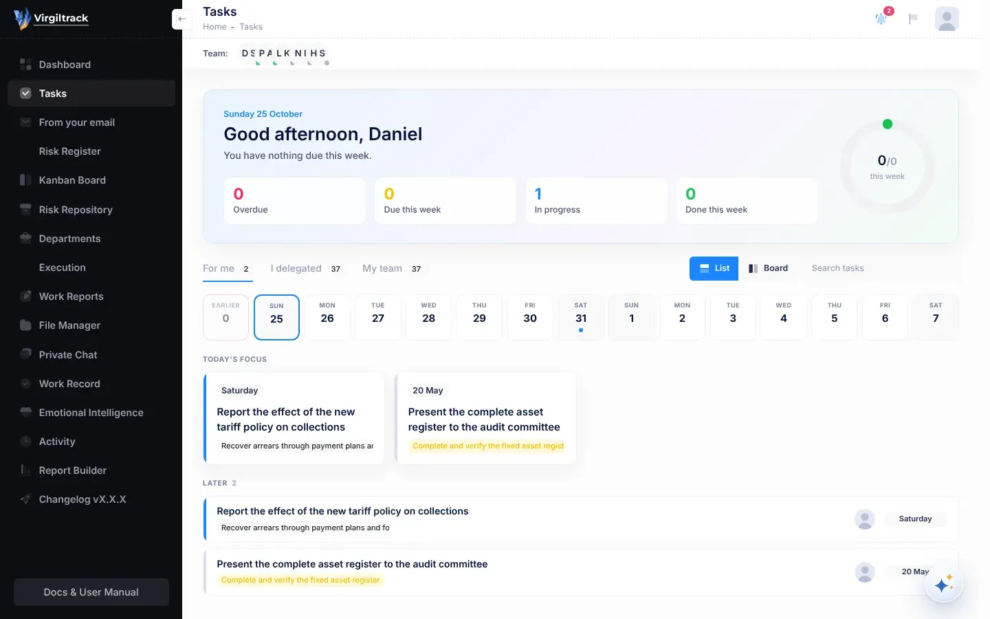 A VirgilTrack page with the menu on the left, the header with the page title and the bell, flag and picture buttons, the Team bar beneath it, and the round Virgil Copilot button in the bottom-right corner