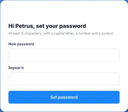 The Set your password page, with the New password and Repeat it boxes and the Set password button