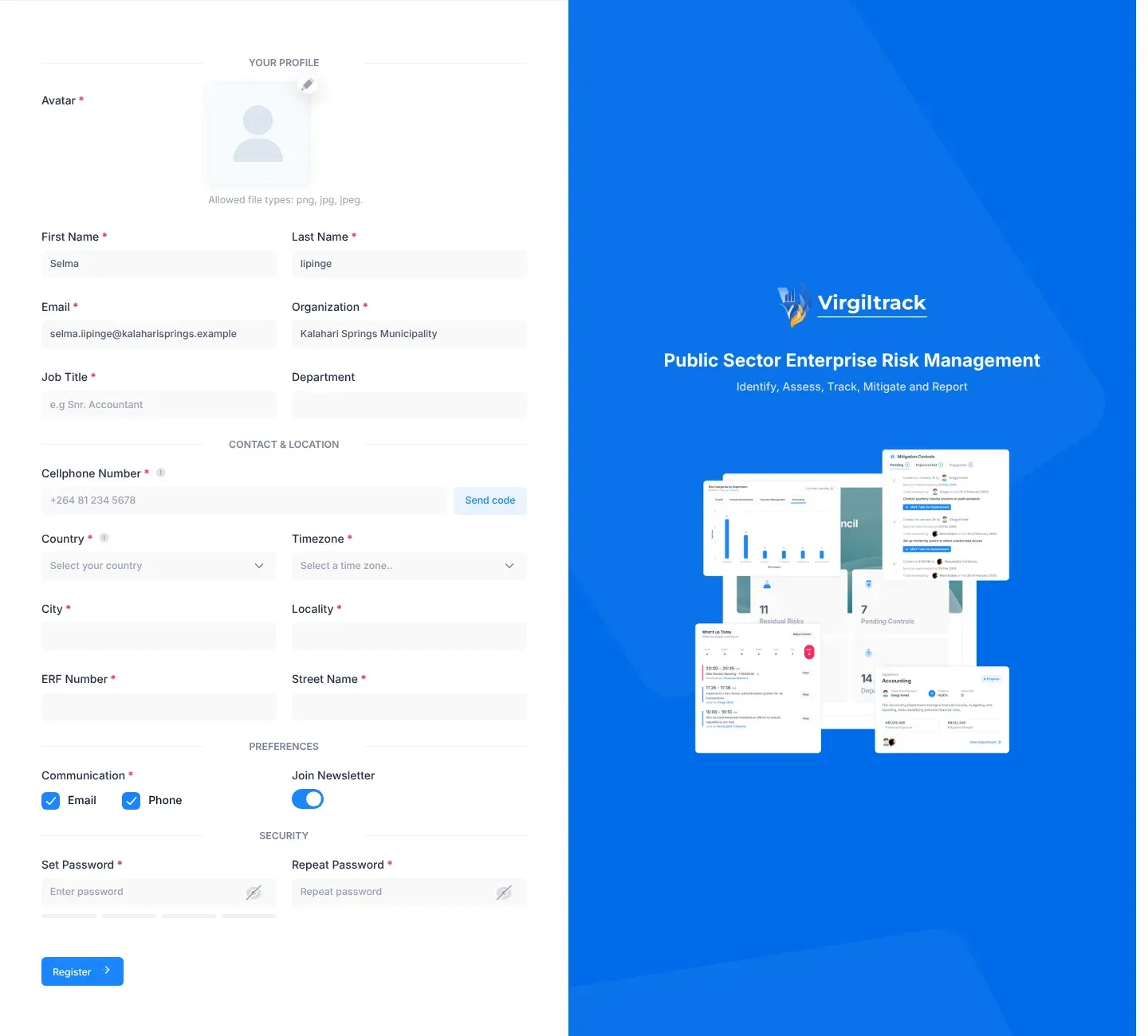 The account set-up page, with the Your profile, Contact & location, Preferences and Security sections and the Register button