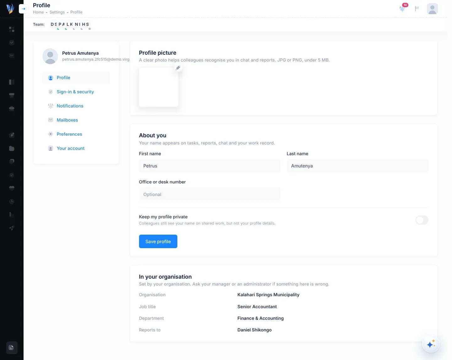 The Profile section of Settings, with the profile picture, the About you fields and the In your organisation details