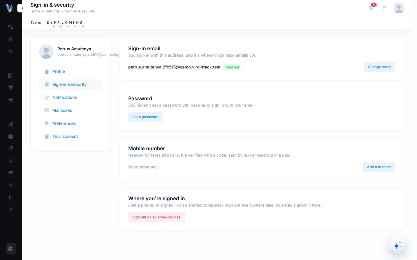 The Sign-in & security section, with cards for Sign-in email, Password, Mobile number and Where you're signed in