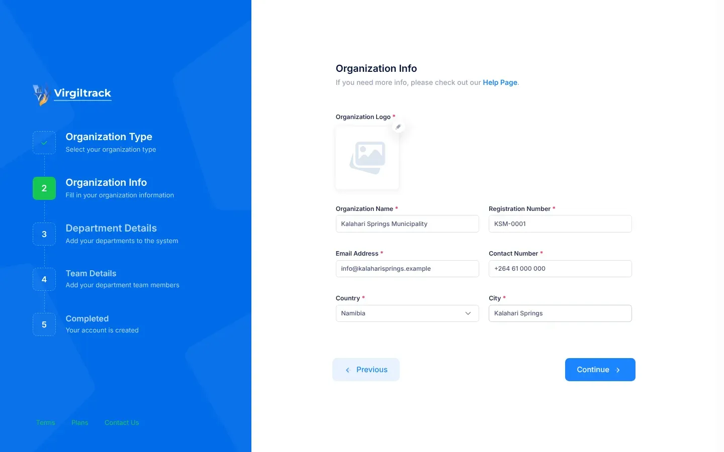 Step 2 of the sign-up form, Organization Info, with the logo picker and the organisation's name, contact and address fields