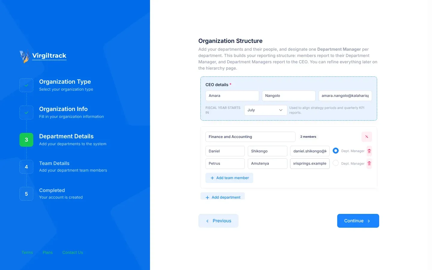 Step 3 of the sign-up form, with the CEO details, the Fiscal year starts in list and a department with its members and one Dept. Manager selected