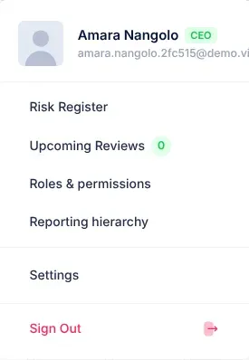 The account menu under your picture, with your name and email at the top, Settings, and Sign Out at the bottom