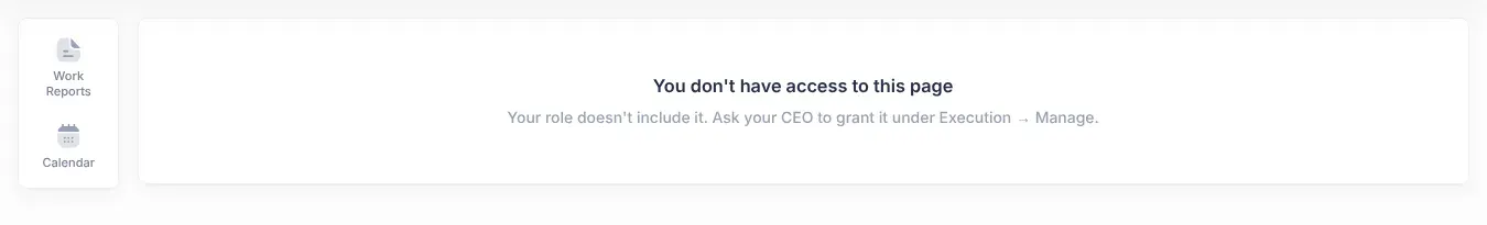 An Execution page showing the message You don't have access to this page, with the line Your role doesn't include it. Ask your CEO to grant it under Execution → Manage.