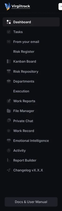 The menu on the left as an employee sees it, with Risk Register, Kanban Board and Risk Repository listed between From your email and Departments