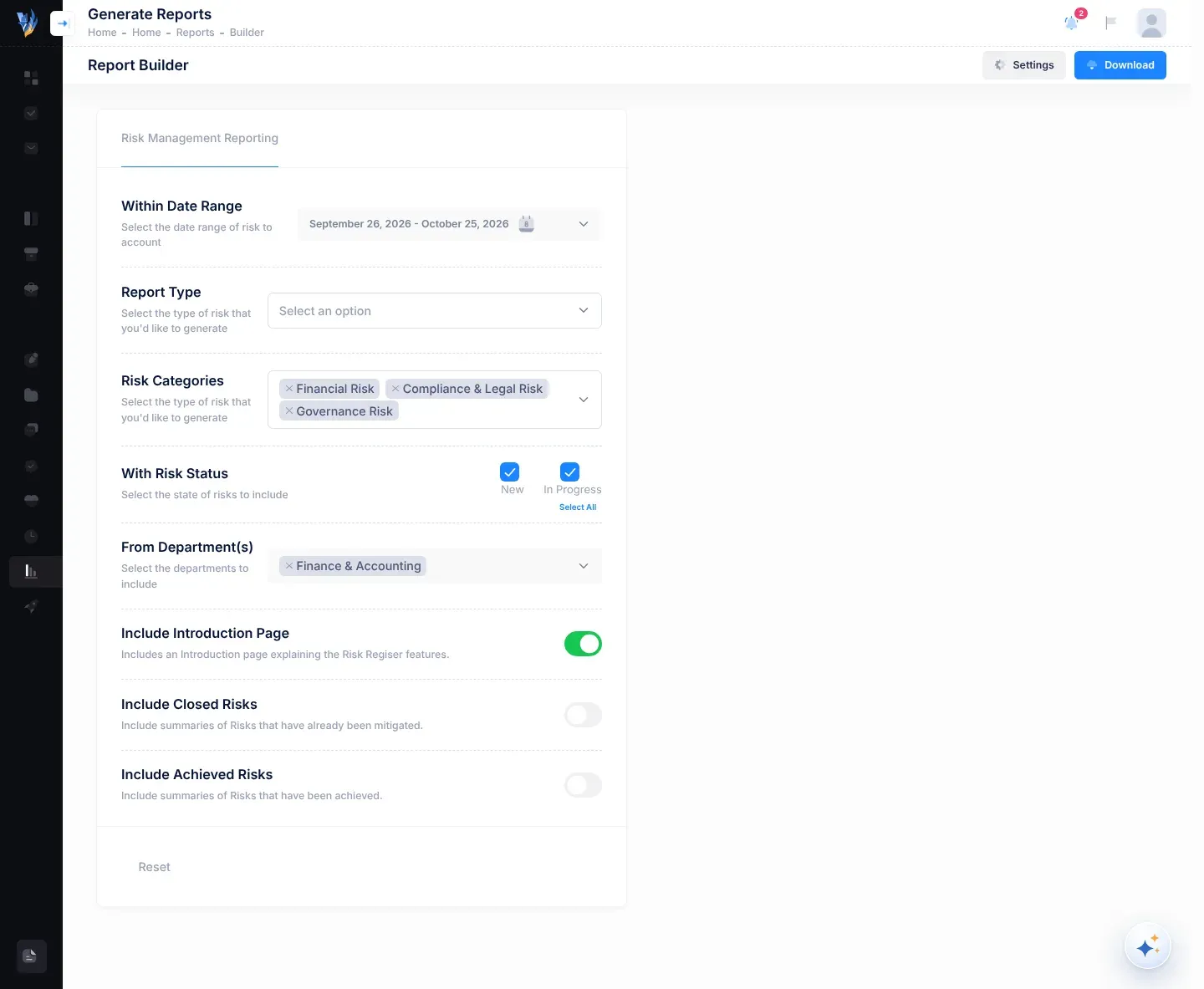 The Report Builder page: the Risk Management Reporting tab with the Within Date Range, Report Type, Risk Categories, With Risk Status and From Department(s) settings, three switches below them, and the Download button at the top right