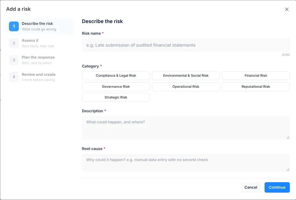 The Add a risk window on its first step, Describe the risk: the four steps listed on the left, and the Risk name, Category, Description and Root cause fields on the right, with Cancel and Continue at the bottom
