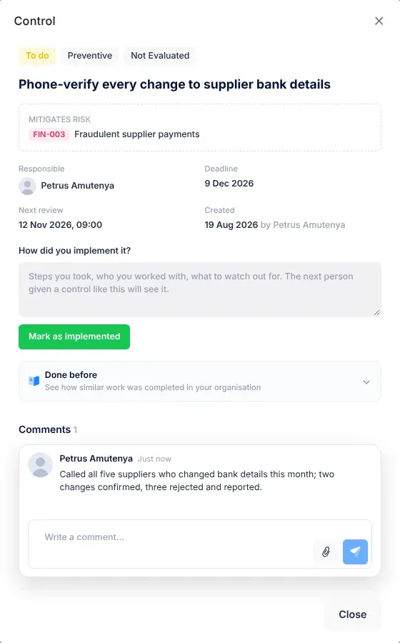 The Comments section of a control's panel: a posted comment with the author's name and picture and how long ago it was posted, and below it the Write a comment box with the paper-clip and send buttons