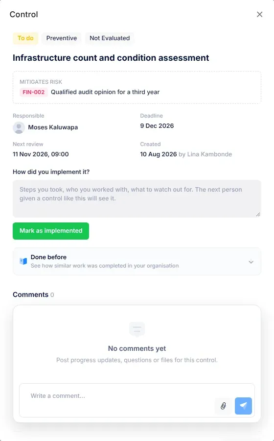 A control's panel: the status, type and expected effectiveness badges at the top, the control's description, the Mitigates risk box with the risk's code and name, the Responsible, Deadline, Next review and Created details, then the How did you implement it? box with the Mark as implemented button, Done before and Comments