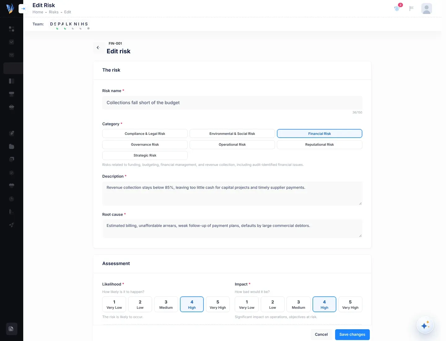 The Edit Risk page: the risk's code and the heading Edit risk at the top, then The risk section with Risk name, Category, Description and Root cause, followed by the Assessment section