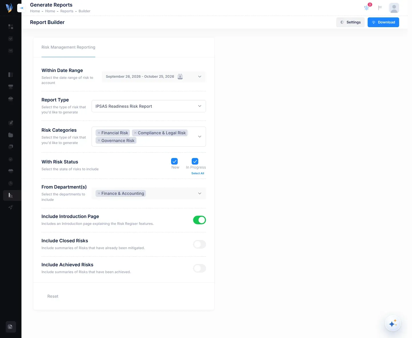 The Report Builder with IPSAS Readiness Risk Report chosen under Report Type, and the Within Date Range, Risk Categories, With Risk Status and From Department(s) settings below it
