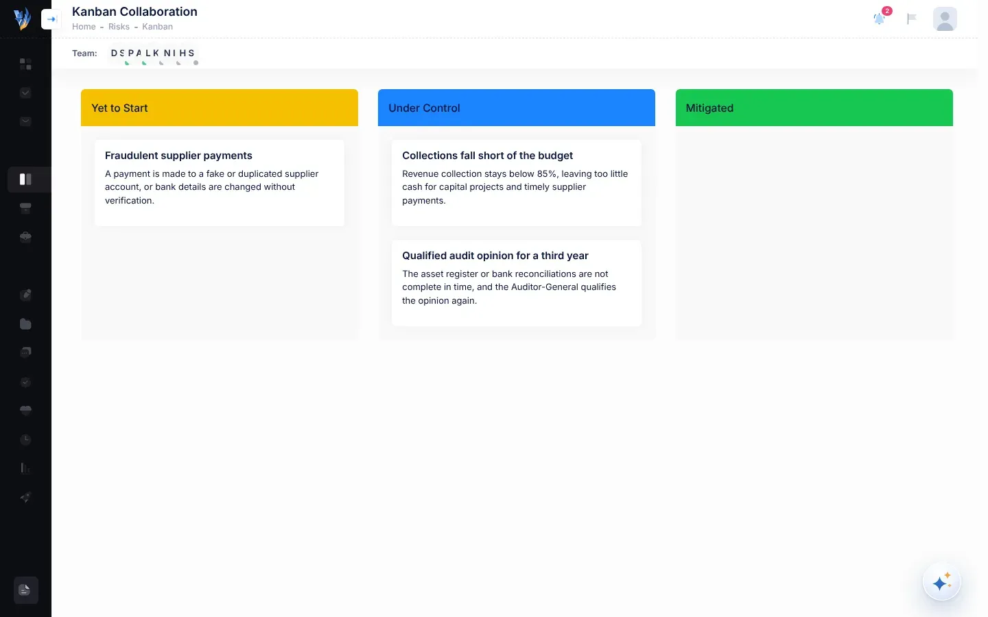 The Kanban Collaboration page with its three columns, Yet to Start, Under Control and Mitigated, where each risk is a card showing its name and description