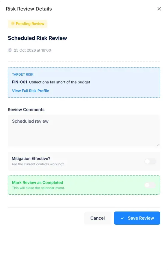 The Risk Review Details panel: the Pending Review badge, the Scheduled Risk Review heading with its date and time, the Target Risk box with the risk's code and name and View Full Risk Profile, the Review Comments box, the Mitigation Effective? and Mark Review as Completed switches, and the Cancel and Save Review buttons