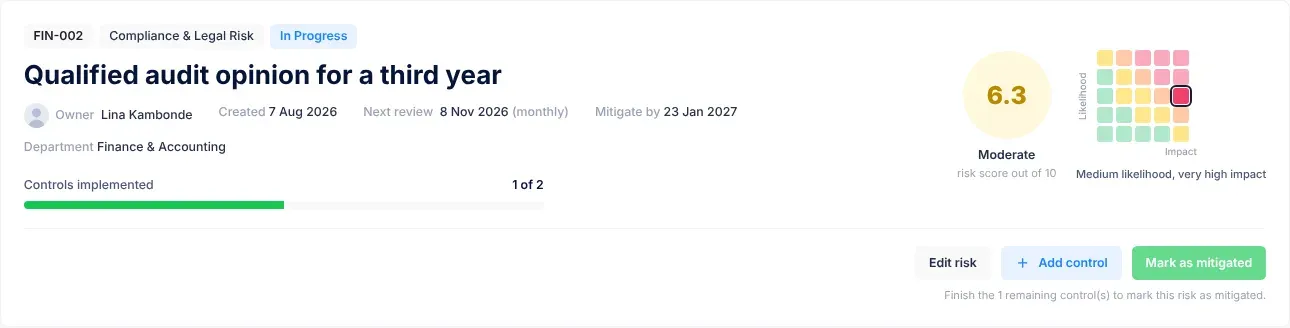 The top of a risk's page, showing the risk's owner, created date, Next review date followed by the review frequency in brackets, and the Mitigate by date