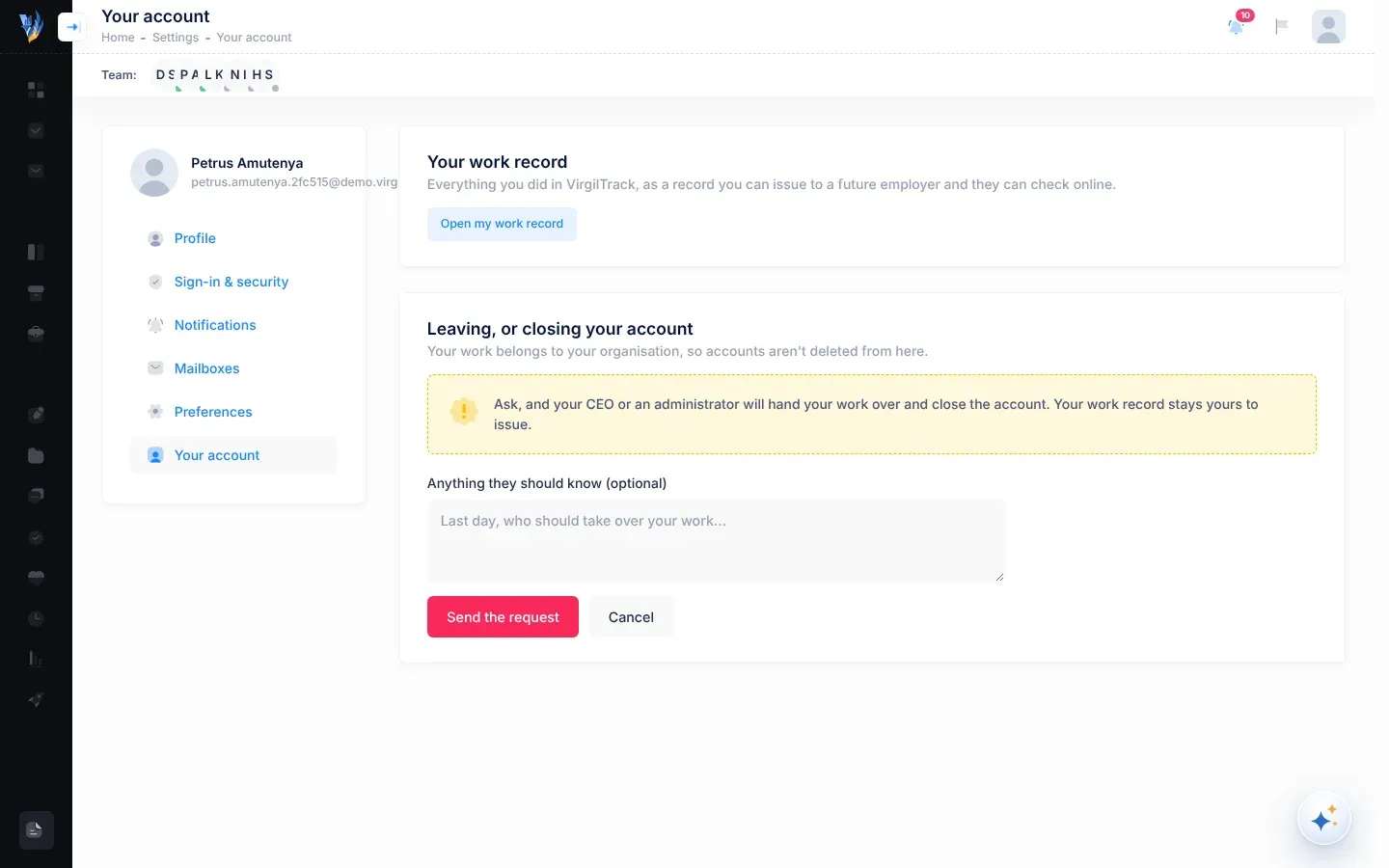 The Your account section: the Your work record card with Open my work record, and the Leaving, or closing your account card with the optional note box and the Send the request and Cancel buttons
