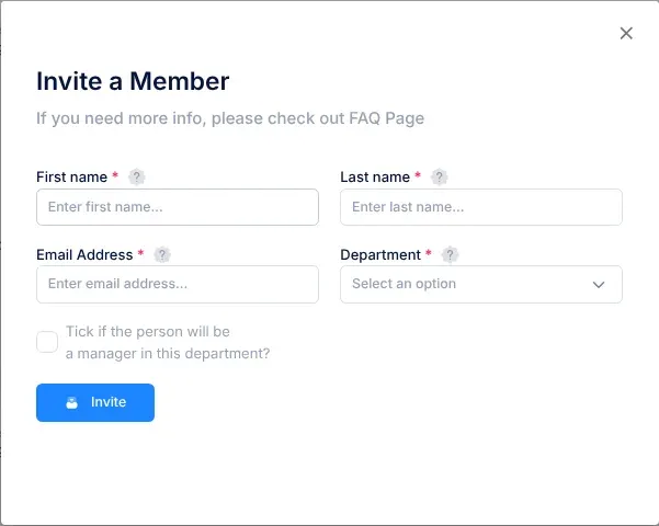 The Invite a Member window: First name, Last name, Email Address and Department, all required, the tick box for someone who will manage the department, and the Invite button