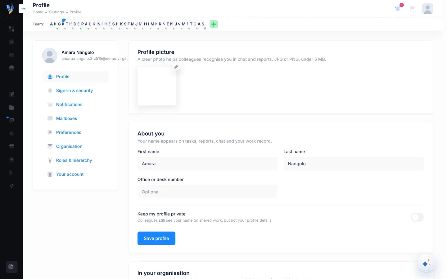 The Settings page as the CEO sees it, with the list of sections on the left: Profile, Sign-in & security, Notifications, Mailboxes, Preferences, Organisation, Roles & hierarchy and Your account