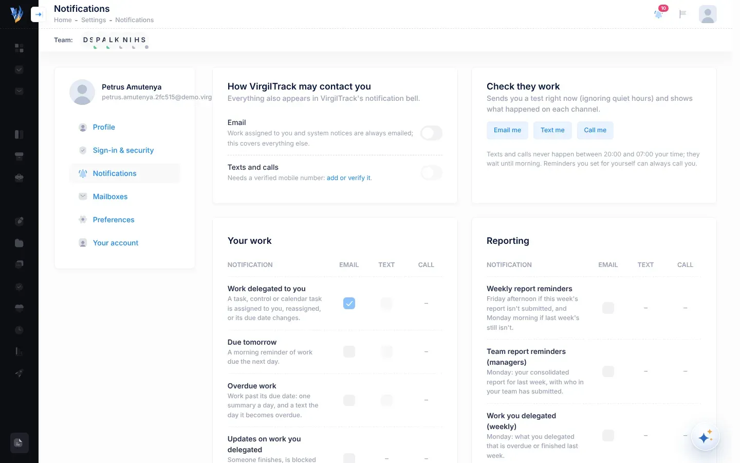 The Notifications section of Settings: the Email and Texts and calls switches, the Check they work buttons, and the notification groups, where each notification has Email, Text and Call tick boxes or a dash where that channel isn't used