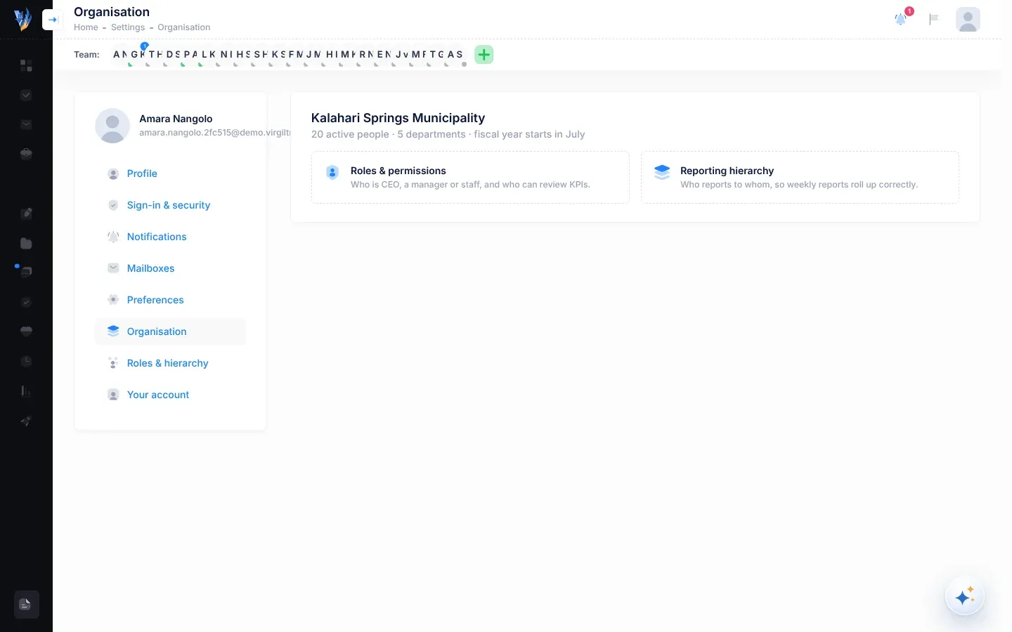 The Organisation section of Settings: the organisation's name with its number of active people, number of departments and the month its fiscal year starts, and the Roles & permissions and Reporting hierarchy cards