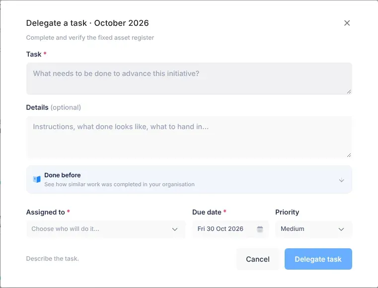 The Delegate a task window: the initiative's name, the Task and Details boxes, the closed Done before panel, and the Assigned to, Due date and Priority fields above the Cancel and Delegate task buttons