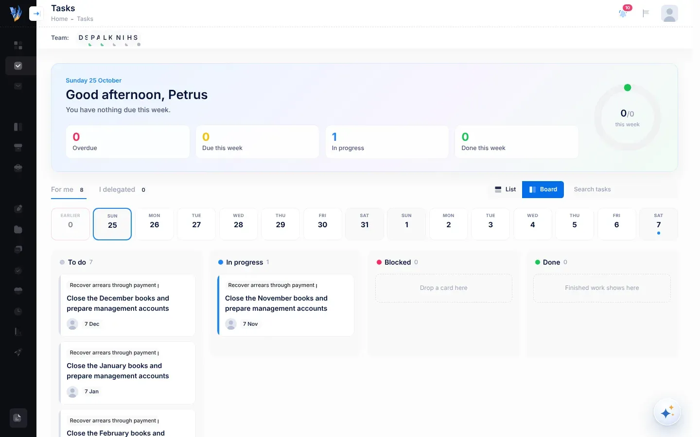 The Tasks page in the board view: four columns named To do, In progress, Blocked and Done, where each task card shows the initiative, the title, an avatar and when the task is due