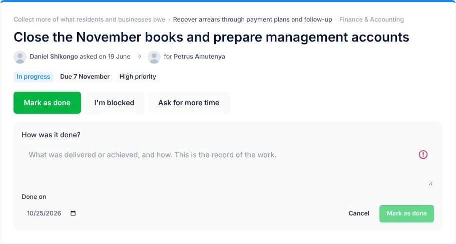 The brief of a task with the Mark as done form open: the How was it done? box, the Done on date, and the Cancel and Mark as done buttons