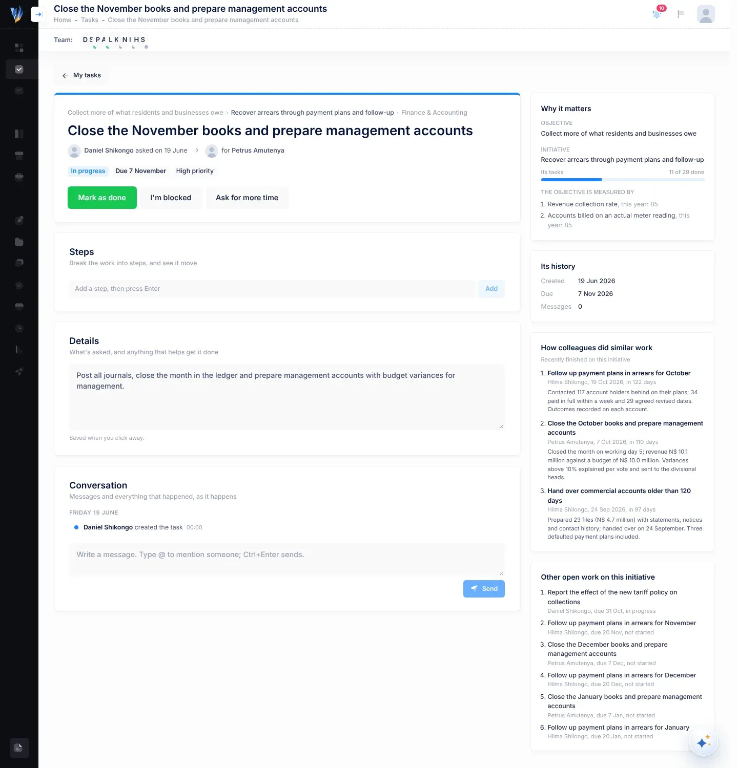A task's page: on the left, the brief with the objective and initiative, the title, who asked whom, the status, due and priority badges and the action buttons, then the Steps, Details and Conversation cards; on the right, the Why it matters, Its history, How colleagues did similar work and Other open work on this initiative cards