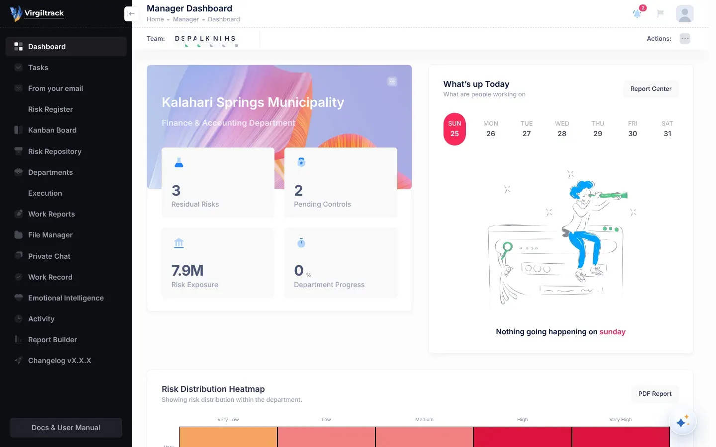VirgilTrack open on a manager's dashboard, with the menu of all areas on the left and the header across the top
