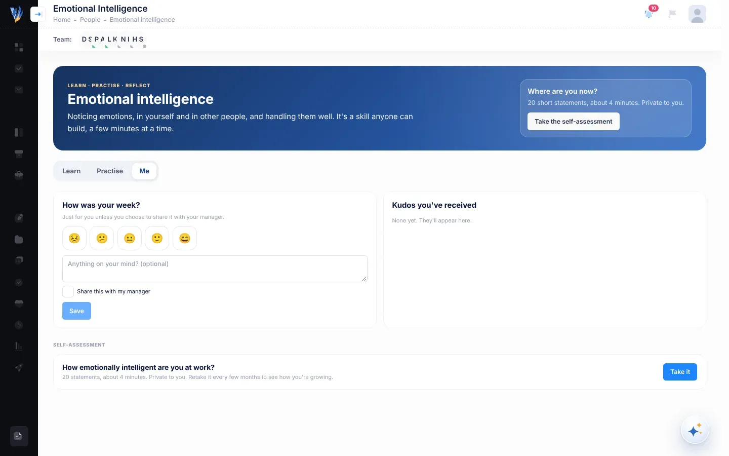 The Me tab of the Emotional Intelligence page: the How was your week? card with five faces, the optional note box, the Share this with my manager tick box and the Save button, beside the Kudos you've received card