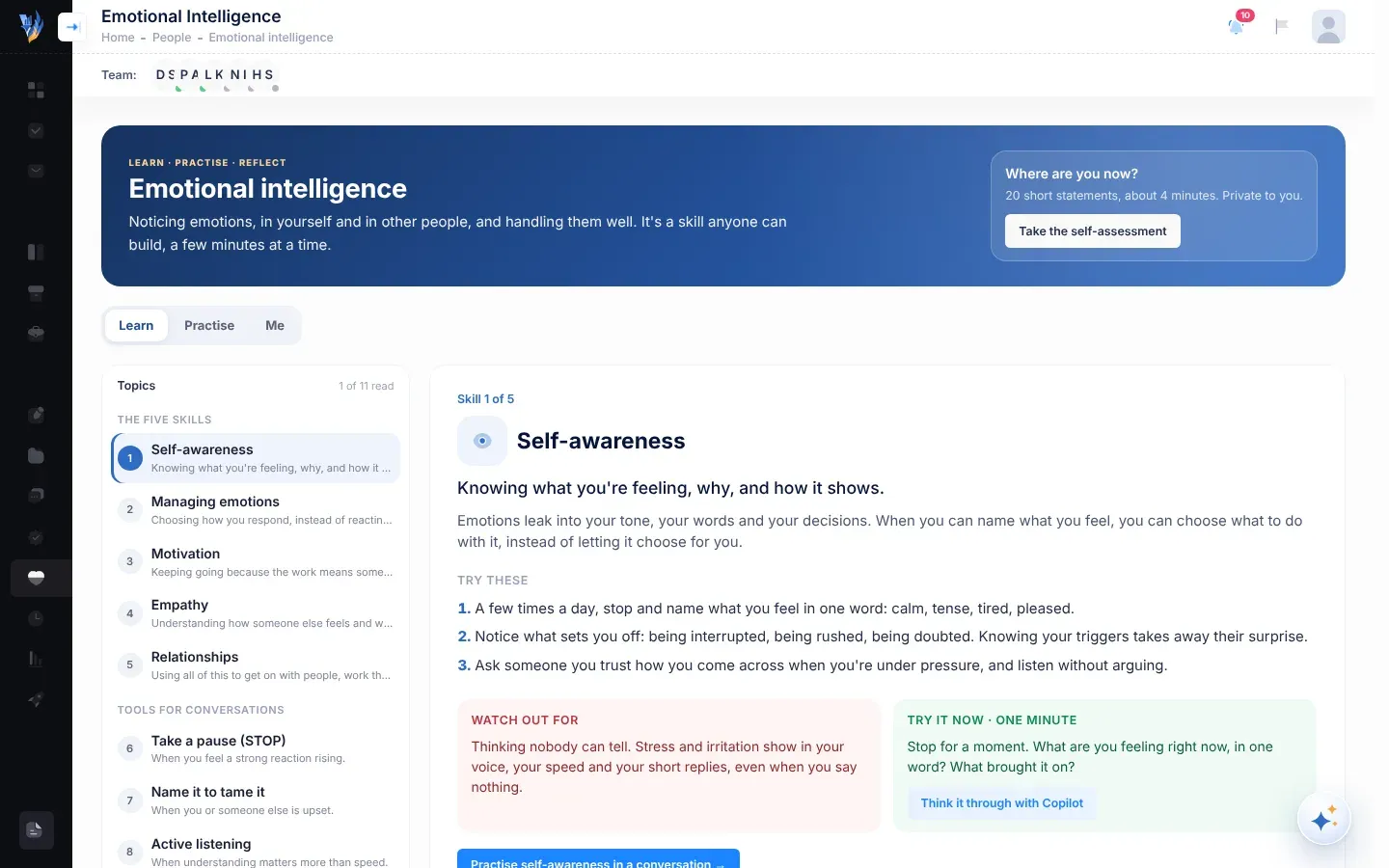 The Emotional Intelligence page: a blue banner headed Emotional intelligence with Learn · Practise · Reflect above it, the Take the self-assessment box on the right, the Learn, Practise and Me tabs, and the list of topics beside the first skill, Self-awareness