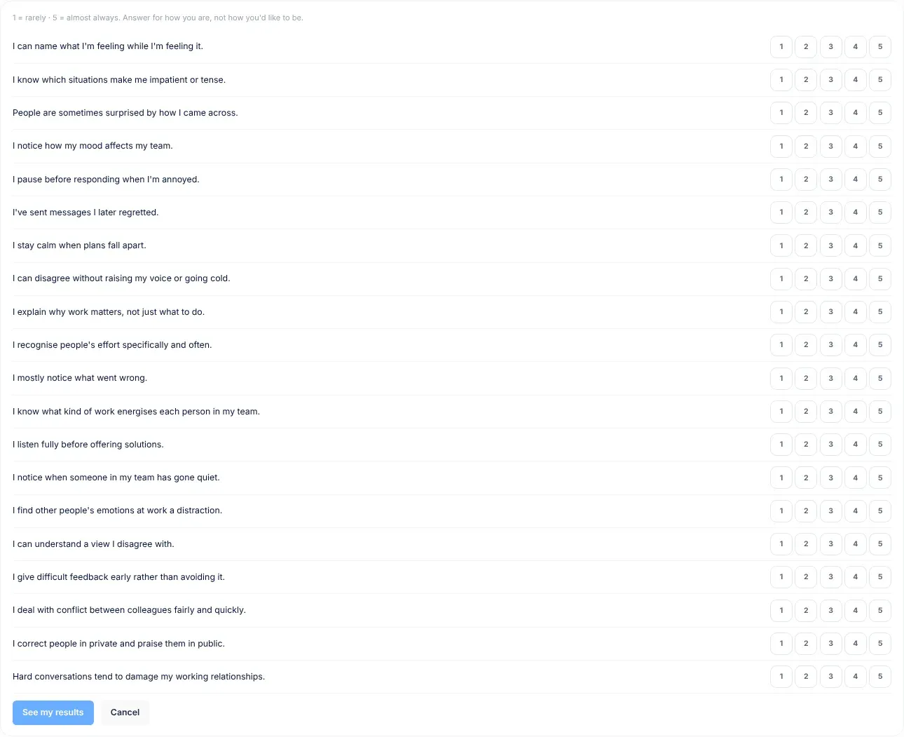The self-assessment on the Me tab: statements such as I can name what I'm feeling while I'm feeling it, each with buttons 1 to 5, and the See my results button below