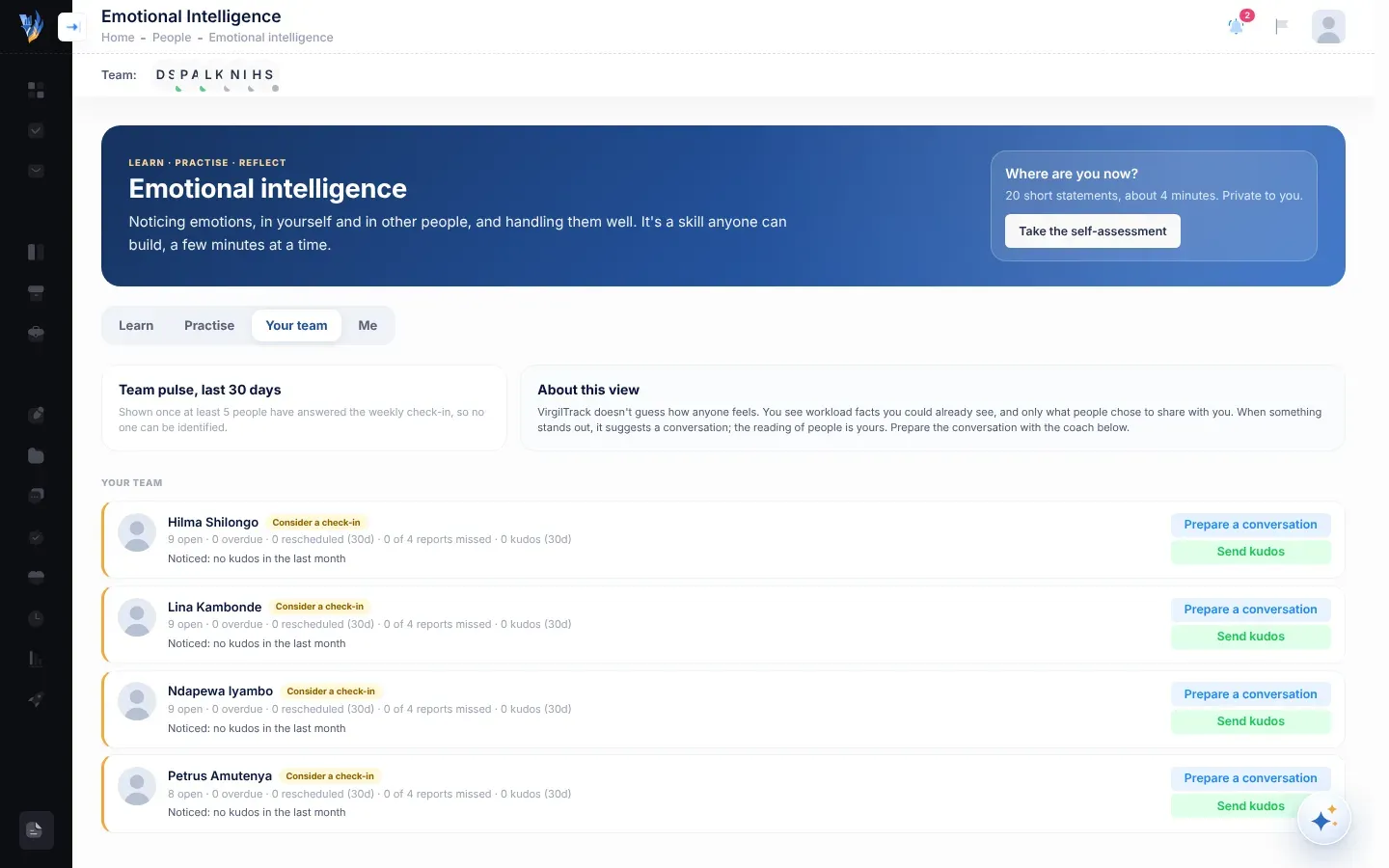 The Your team tab: the Team pulse, last 30 days card and the About this view note at the top, then a card for each direct report with their workload facts and the Prepare a conversation and Send kudos buttons