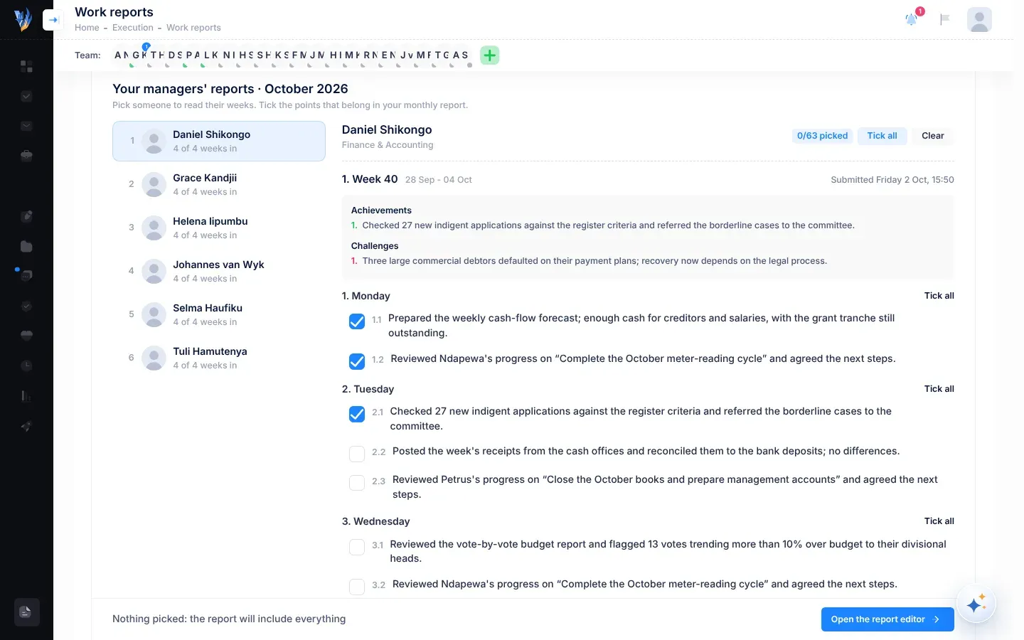 The Your managers' reports card: the list of people on the left with weeks in and points picked, one person's weeks on the right with achievements, challenges and points with tick boxes, and the bar at the bottom with Open the report editor