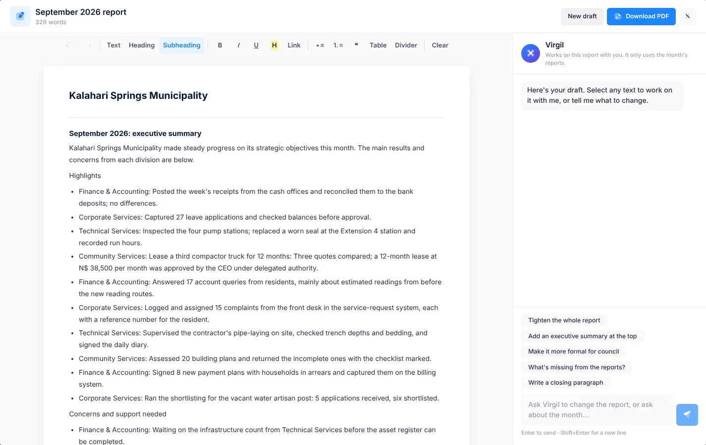 The report editor: the formatting toolbar above the report, the report itself on the left, and the Virgil panel on the right with ready-made requests and a box to ask Virgil