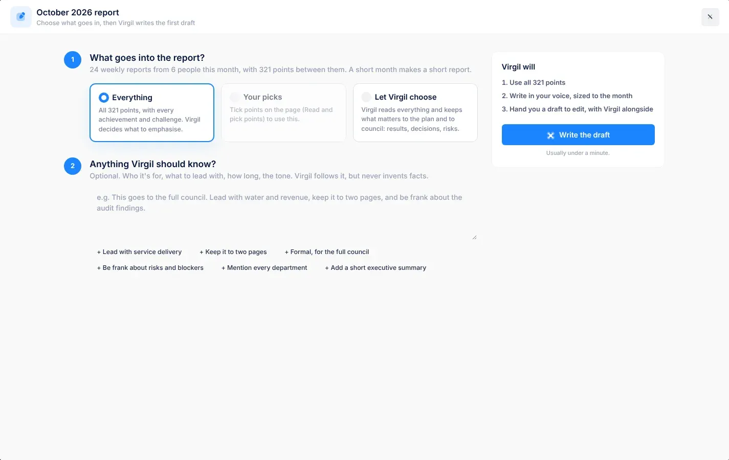 The report window before the draft is written: What goes into the report? with the Everything, Your picks and Let Virgil choose cards, the Anything Virgil should know? box with suggestion buttons, and the Virgil will list with the Write the draft button