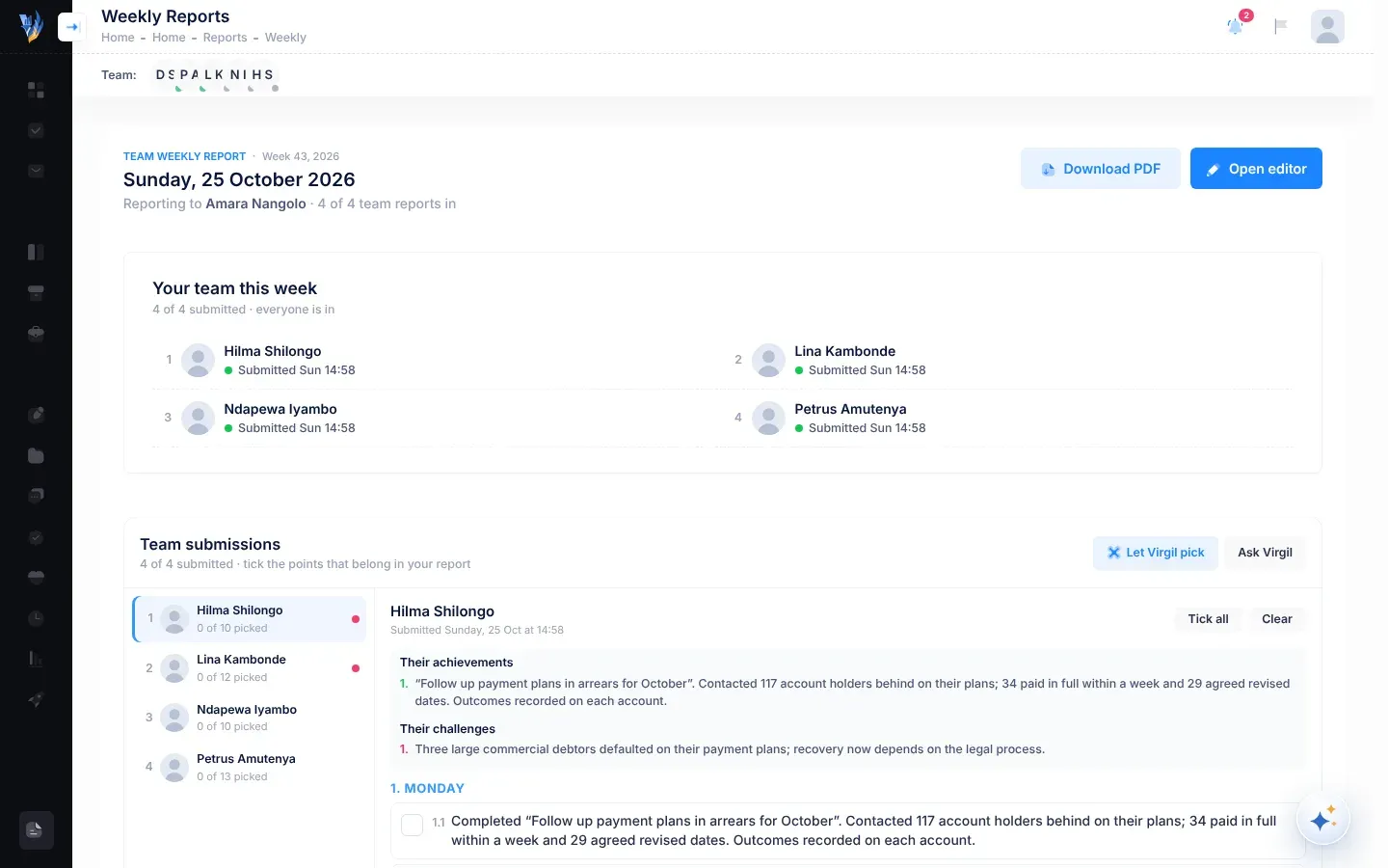 The manager's work reports page: Team weekly report with the week number, today's date and how many team reports are in, the Download PDF and Open editor buttons, the Your team this week card with each person's status (and a Remind button beside anyone who hasn't submitted), and the Team submissions card below